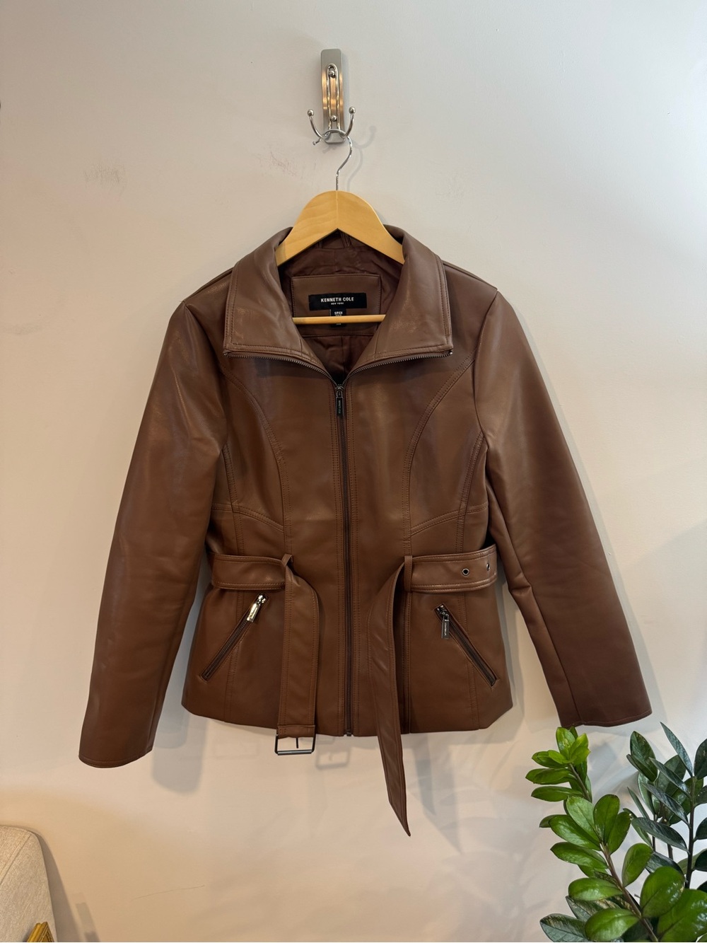 Kenneth Cole Buttery-Soft Faux Leather Belted Jacket, Brown, Sz Small